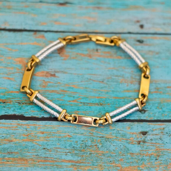 7 1/2 inch, Vintage Geometric Two Tone Links Stylized Bracelet - P29 - Picture 1 of 3
